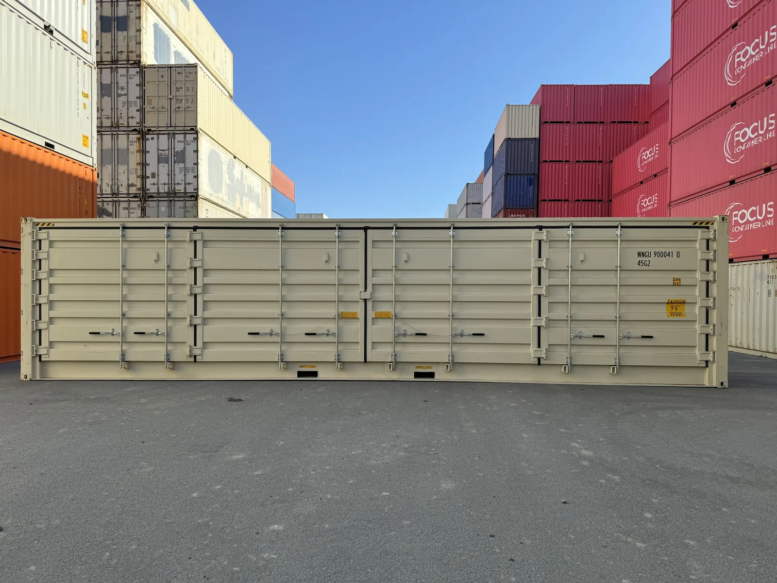 Side opening shipping container with doors open